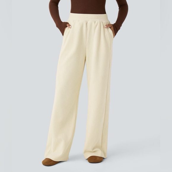 Halara Cream High Waisted Side Pocket Straight Leg Mop Corduroy Casual Pants NEW - Picture 8 of 8